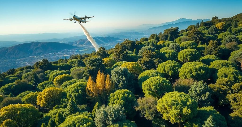 Aerial view of water-dropped firefighting efforts amidst green forests in northern Morocco with clear blue skies.
