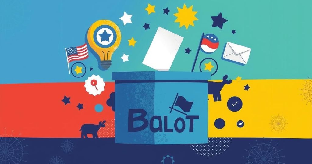 A political landscape with a ballot box and abstract symbols of democracy, vibrant colors highlighting electoral spirit.