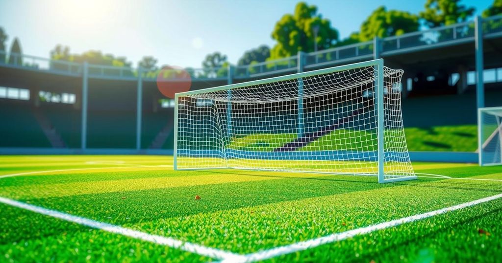 A vibrant soccer field with goal posts, surrounded by lush grass and a bright blue sky, showcasing an exciting match atmosphere.