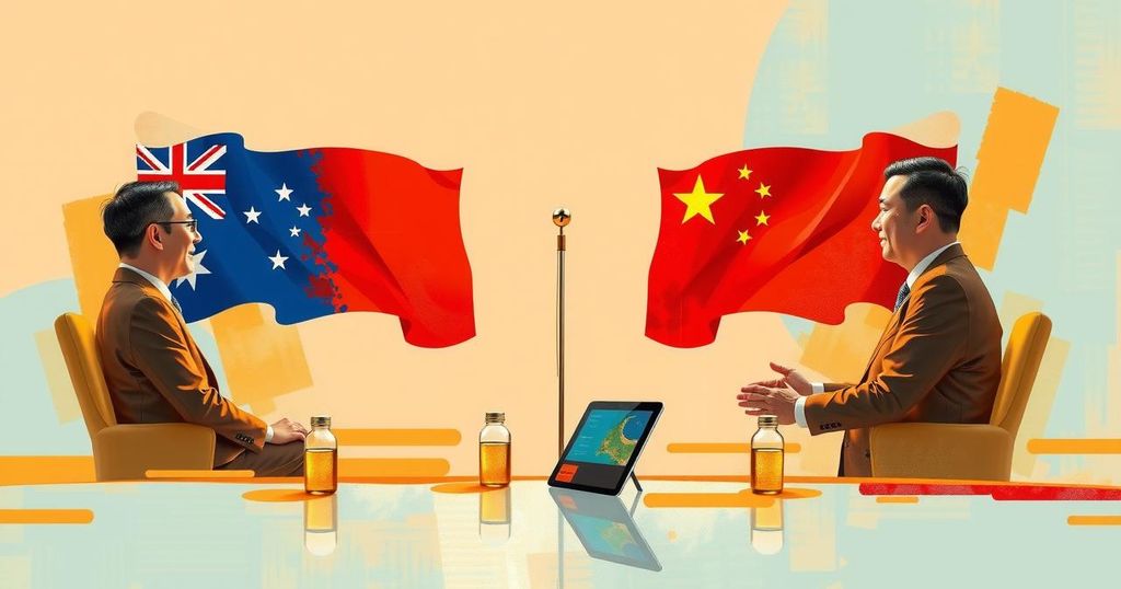 A conceptual representation of global business discussions with Australian and Chinese flags, symbolizing diplomatic relations.