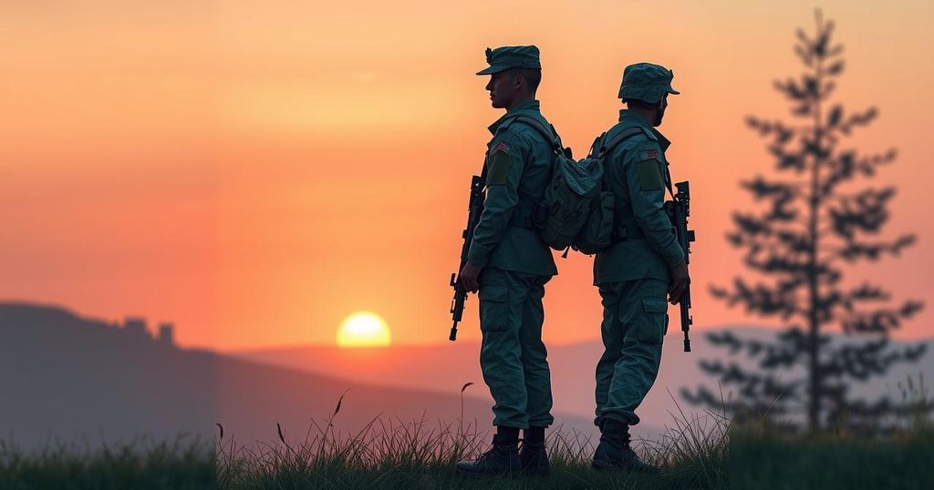 Two soldiers representing unity, with a serene backdrop symbolizing hope and shared futures in muted colors.