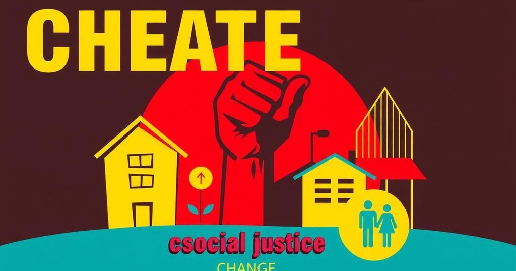 A bold political campaign poster featuring vibrant colors and themes of social justice and change.