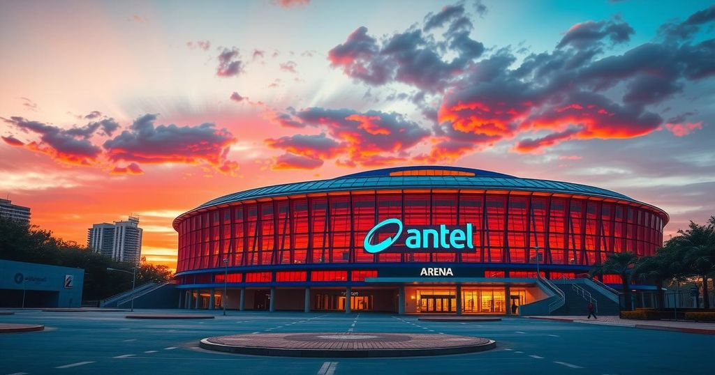 A serene view of Antel Arena in Montevideo, illuminated at sunset, symbolizing a fighter's dream of returning home.