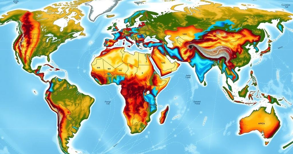 Map depicting global weather hazards with dry areas in Africa and flood zones with vibrant color accents.