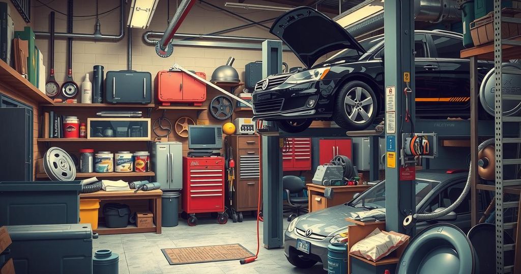 A bustling mechanic shop with various car tools and parts, showcasing a cooperative spirit among local mechanics.
