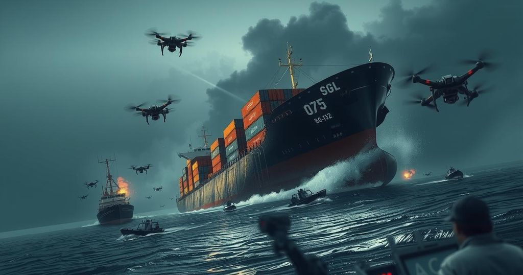 Cargo ship under attack in the Red Sea, depicted in a tense maritime scene with small boats and drones.