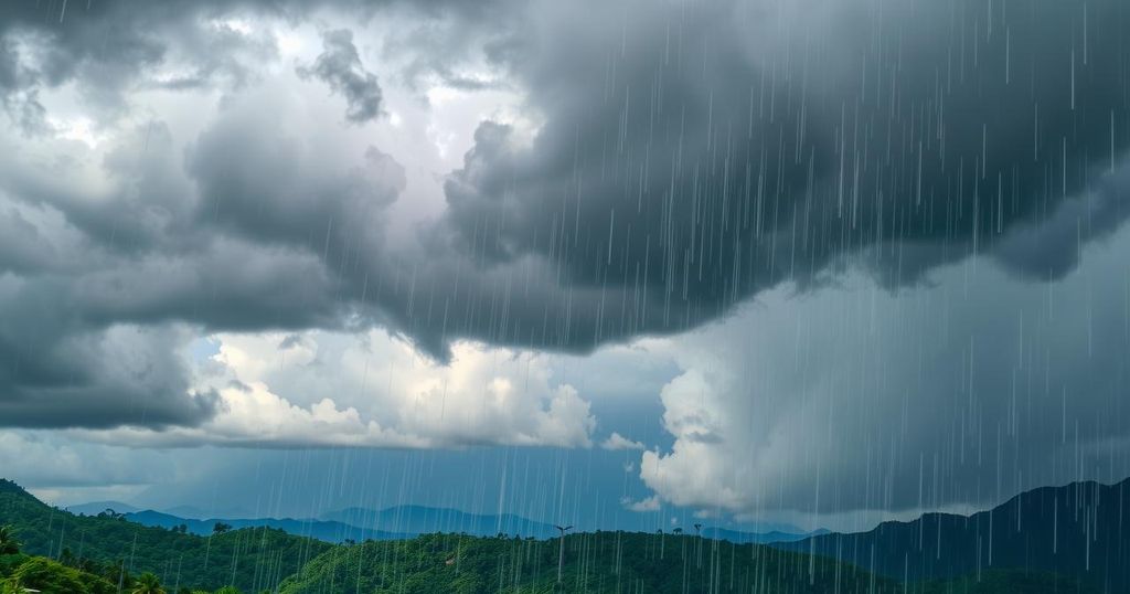 A stormy sky with dark clouds and heavy rain falling over lush green landscapes in Samoa, showcasing severe weather conditions.