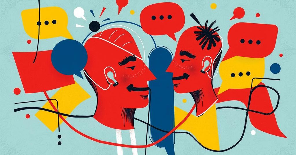 A symbolic representation of political discourse with abstract elements illustrating tension and debate in a vibrant color scheme.