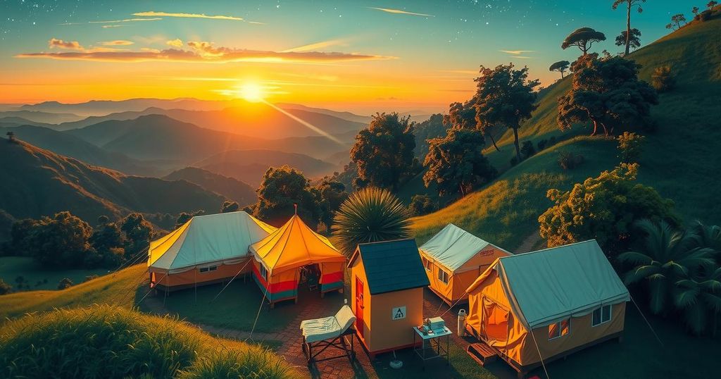 A serene healthcare camp in Uganda with doctors treating villagers, set against a mountainous landscape at sunrise.