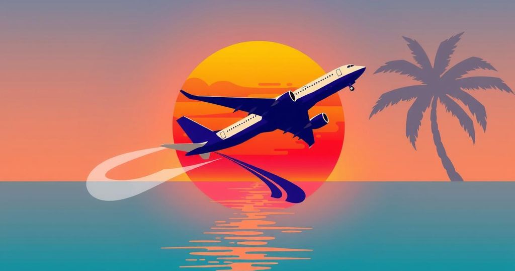 Eswatini Air logo design with an airplane silhouette against a tropical sunset background in vibrant colors.
