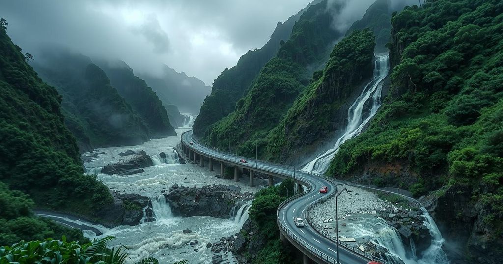 Lush mountains in heavy rain with rapid water flow and disrupted roads, capturing the aftermath of severe weather events.