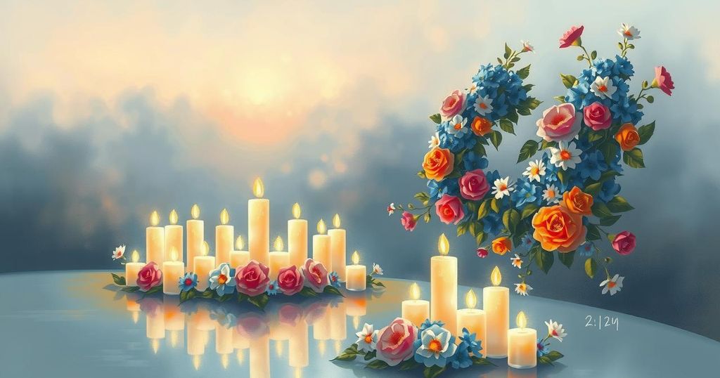 A serene landscape with prayer candles and blooming flowers, symbolizing peace and remembrance for victims.