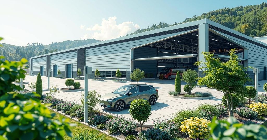 Electric vehicle assembly facility in Brazil with modern architecture and green surroundings.