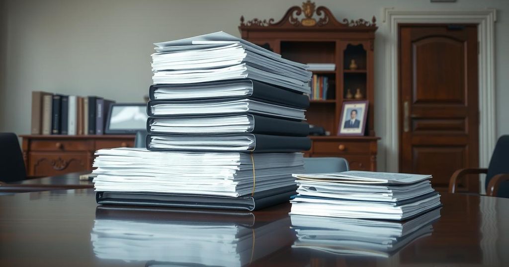 View of official binders and documents representing legal matters and political discussions, in a formal setting.