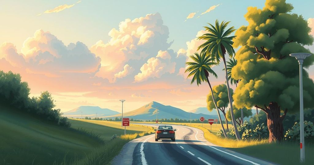 A serene border scene depicting a calm journey home, showcasing lands and skies with a warm color palette.