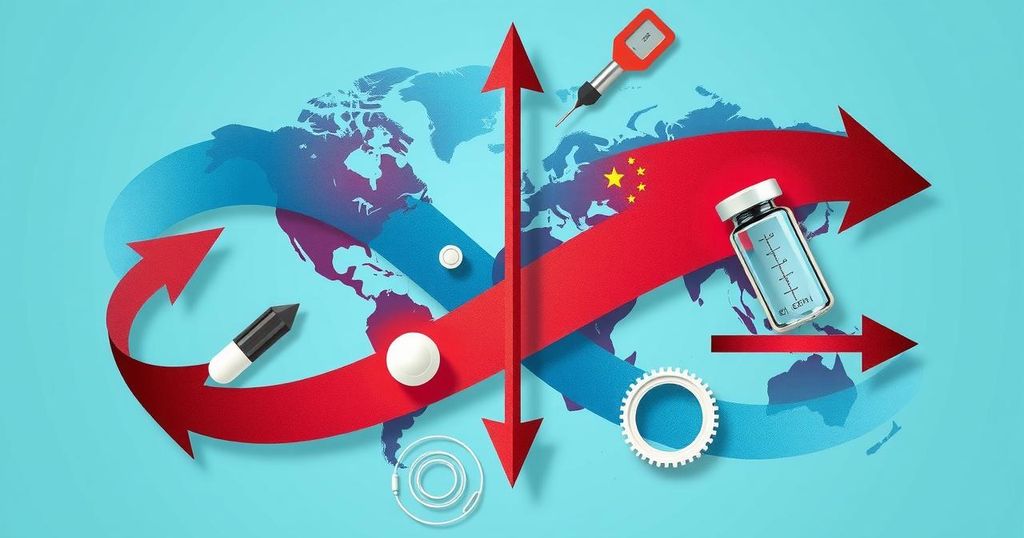 A symbolic representation of trade tensions with abstract arrows and medical devices illustrating global supply chain shifts.