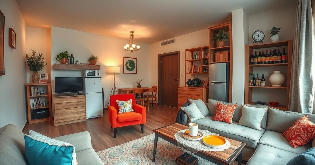 A cozy living space with modern decor, a stocked fridge, and a touch of vibrant colors, reflecting everyday Russian life.