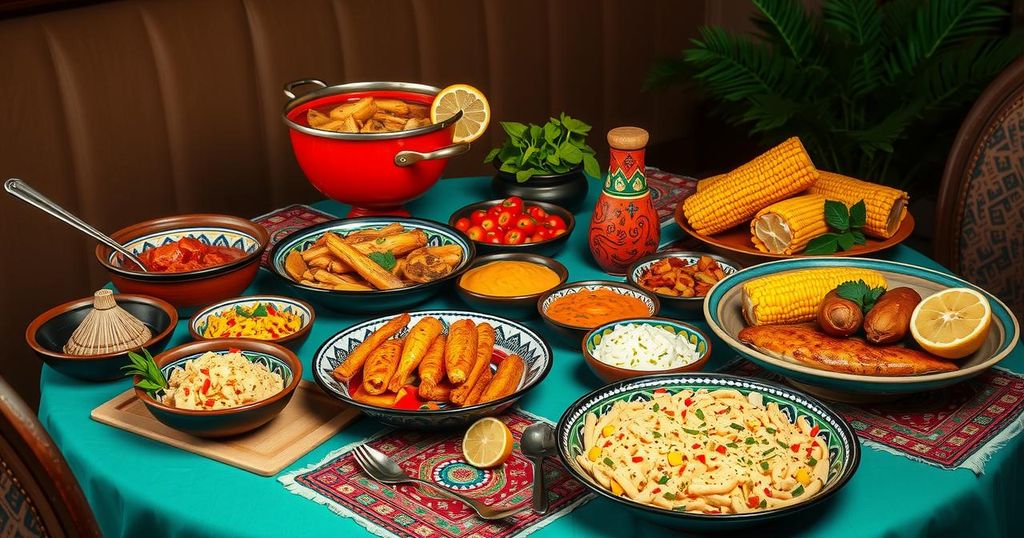 A vibrant display of Peruvian cuisine featuring ceviche, roasted chicken, and vivid spices on an elegant table setting.