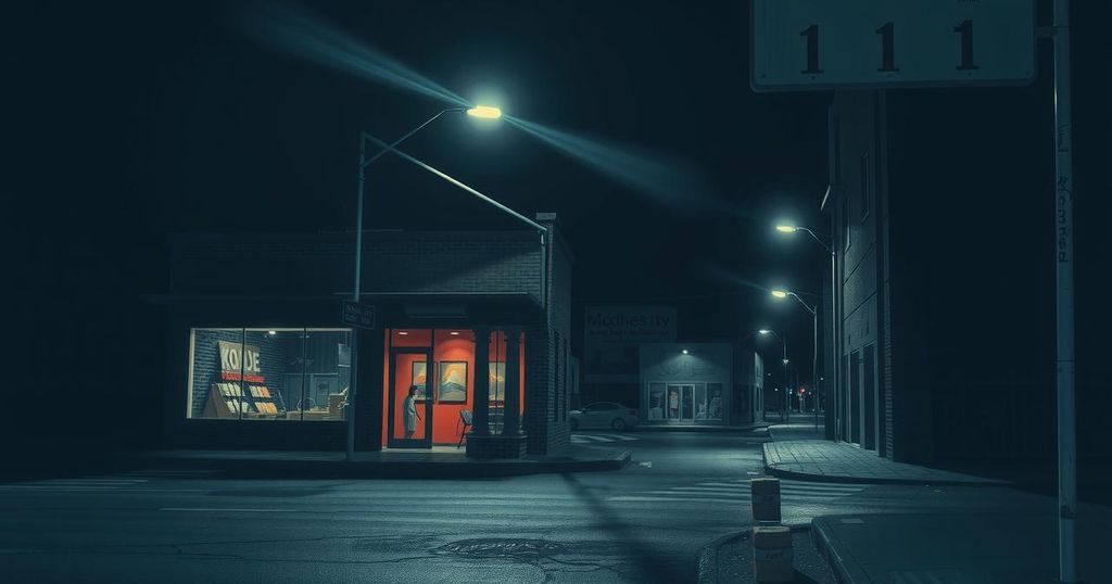 A dark street in South Africa at night with empty storefronts and shadows, capturing a sense of urban vulnerability.