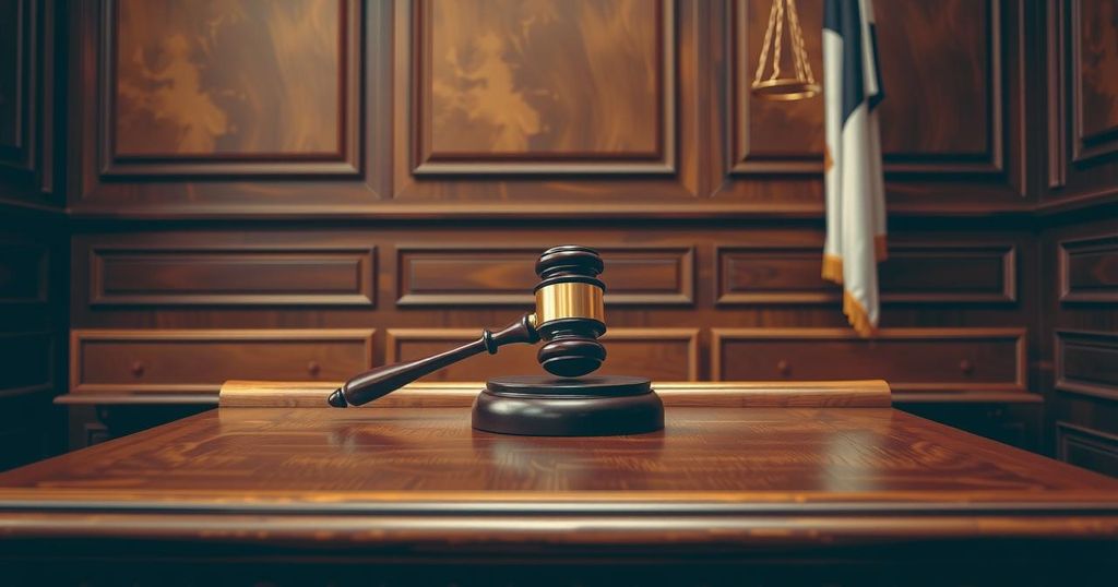 A gavel on a wooden bench symbolizing justice, with a courtroom backdrop and warm tones.