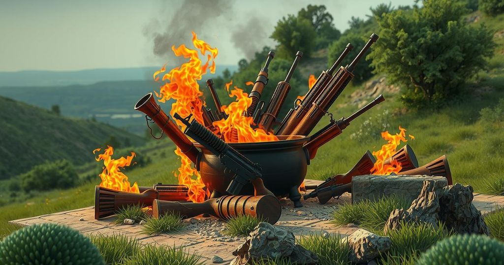 Kurdish fighters laying down arms in a cauldron, symbolizing peace efforts in northern Iraq, vibrant colors.