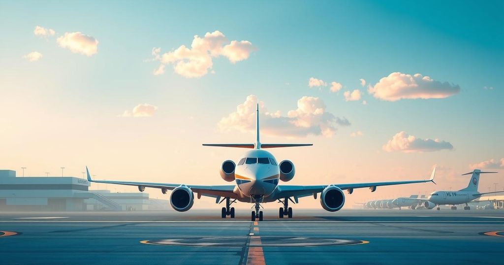 A serene airport scene showcasing a government aircraft and a bright blue sky, symbolizing international travel and goodwill.
