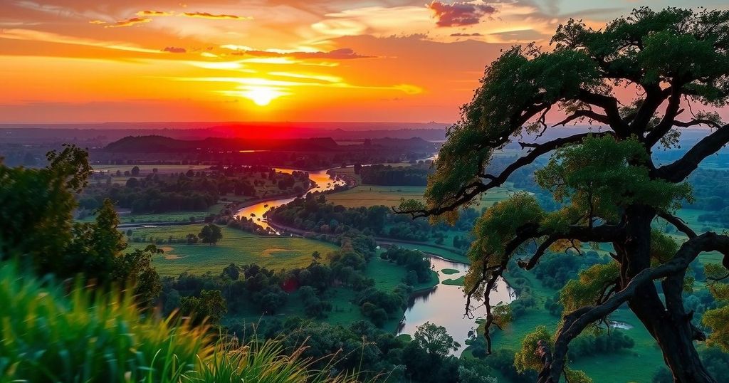 Serene South Luangwa landscape with lush greenery and a peaceful river reflecting soft sunset hues.