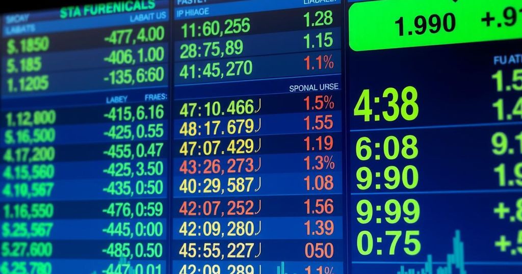 Currency exchange rates displayed on a trading board in a financial setting with bold colors and clear graphics.