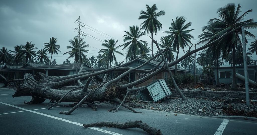 A devastated landscape in La Reunion island after a cyclone, showing uprooted trees and damaged buildings in a muted color scheme.