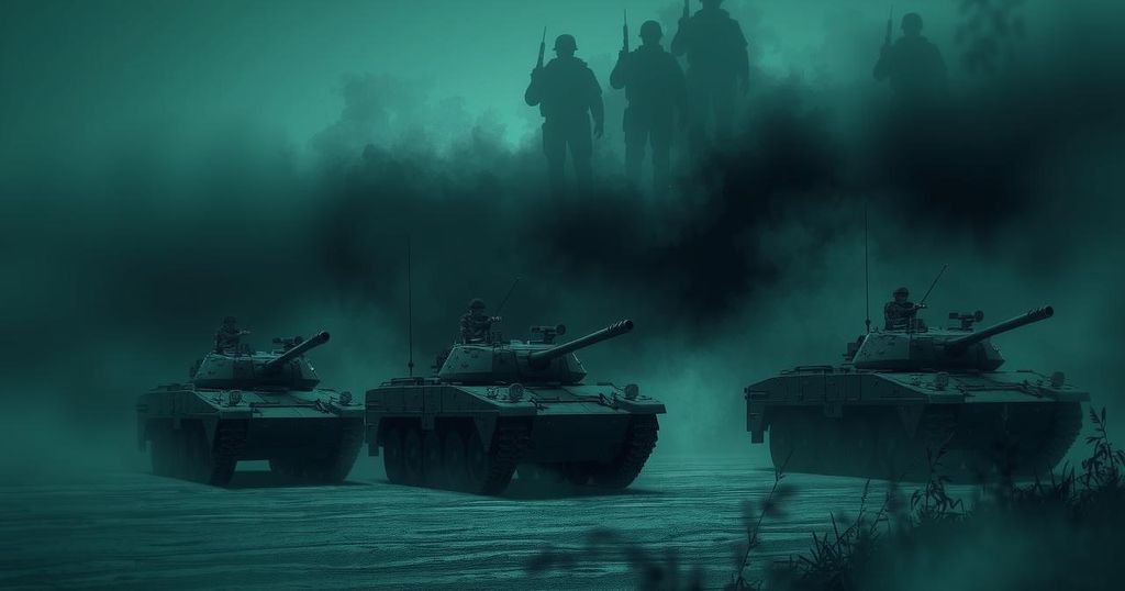 A dark military landscape showcasing armored vehicles and silhouettes of troops amidst a foggy atmosphere.
