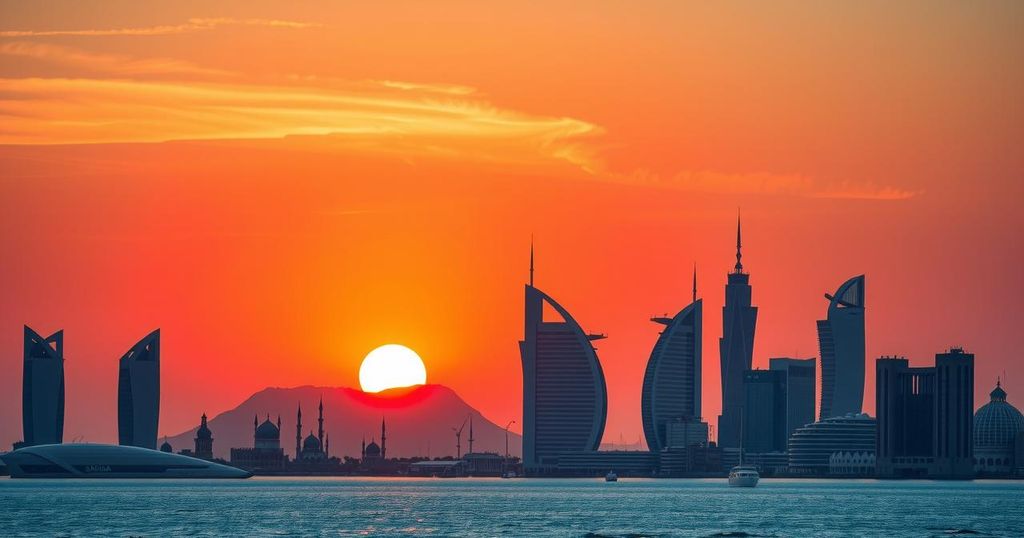 Oman's skyline featuring modern architecture symbolizing new tax changes in the Gulf region with sunset hues.
