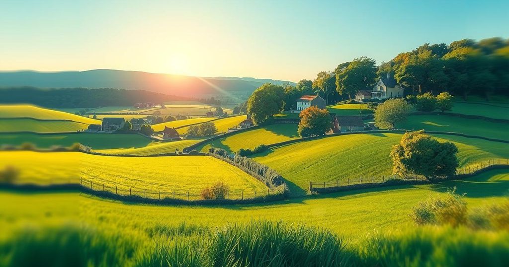 A serene village landscape with lush green fields under a clear blue sky, symbolizing hope and homecoming.