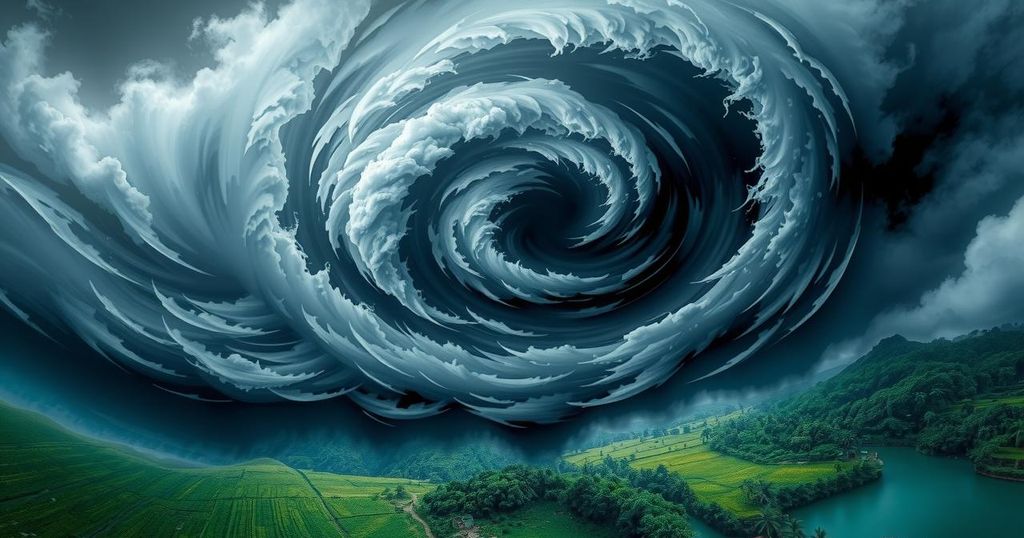 A dramatic cyclone striking Madagascar's landscape with dark clouds, swirling winds, and water damage.