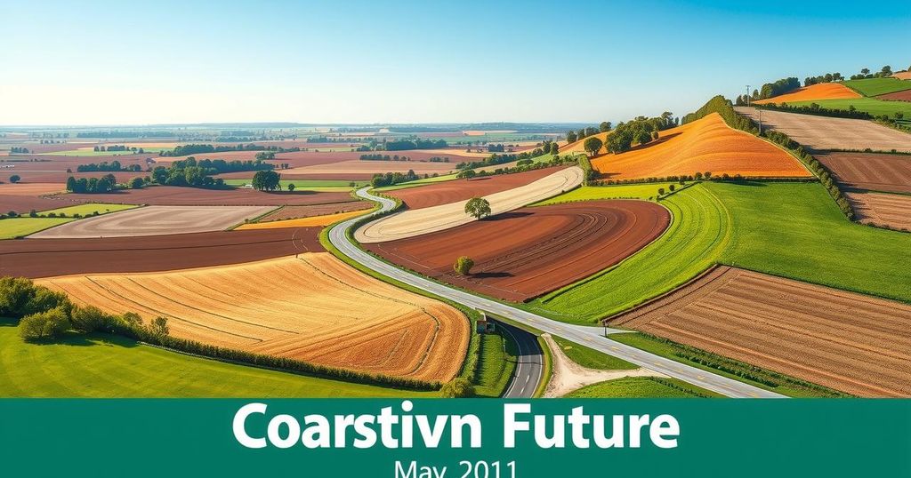 Campaign poster featuring rural landscape with roads and farms under a clear blue sky, conveying community and growth themes.