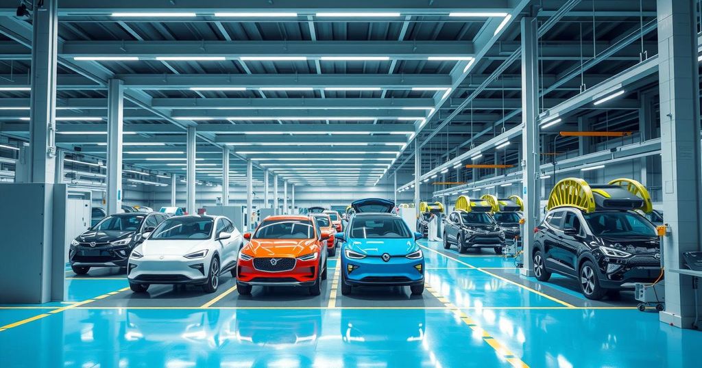 Electric vehicle production facility with modern machinery and assembly lines, showcasing new automotive technology.