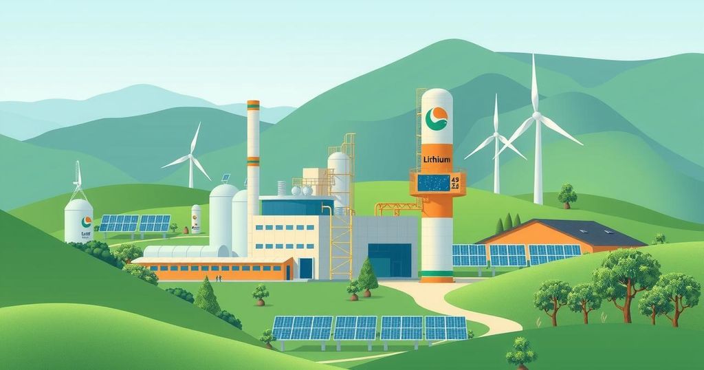 A vibrant landscape of a lithium processing facility surrounded by green hills in Nigeria, showcasing renewable energy efforts.