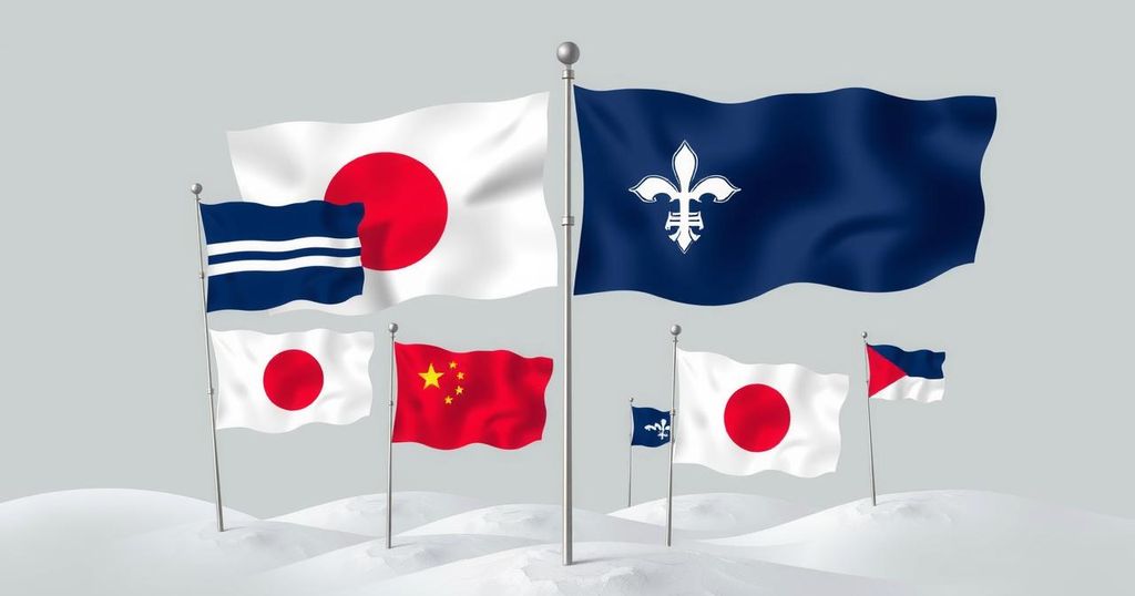 A symbolic representation of Japan's political landscape during a pivotal election, featuring flags and party symbols.