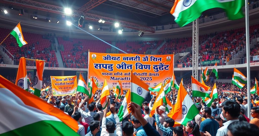 Thackeray cousins unite at rally with banners, symbols of Marathi culture, in vibrant colors capturing unity and pride.