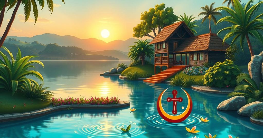 Landscape of Ghana with vibrant greenery, serene waters, and cultural symbols representing holistic wellness and connection.