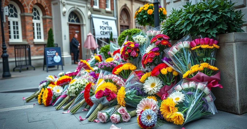 Vibrant floral tributes left in memory of a dedicated scientist, symbolizing loss and community support.
