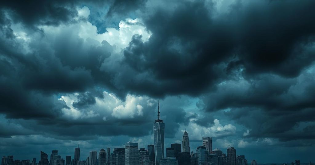 A vibrant illustration of a city skyline with dark clouds, depicting tension and unrest in an artistic style.