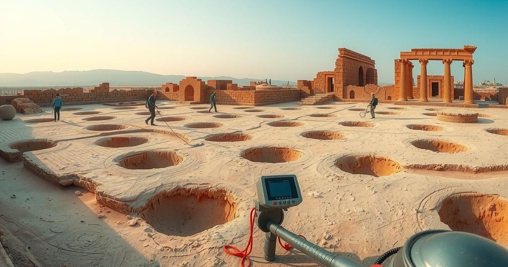 A landscape of Palmyra, dotted with excavations and metal detectors, showcasing the treasure hunting trend in Syria.