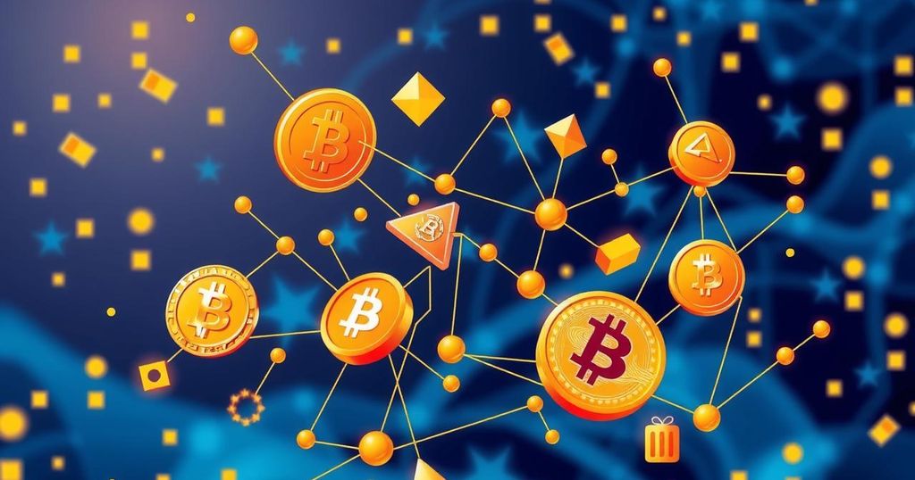 A vibrant digital scene depicting an intricate web of cryptocurrency transactions in bold colors, illustrating cyber fraud concepts.
