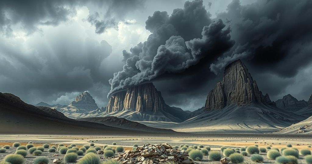 A dramatic landscape of conflict in Syria with shadowy mountains and dark clouds, embodying tension and unrest.