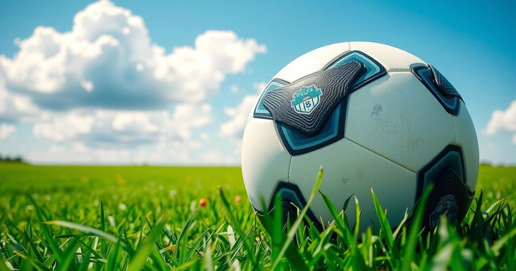 A vibrant scene depicting a soccer ball and a green field, capturing the energy of a competitive match.