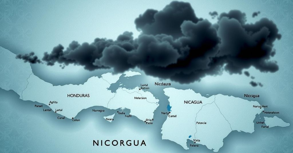 A map marking Honduras and Nicaragua with a storm cloud symbolizing Hurricane Mitch's impact.