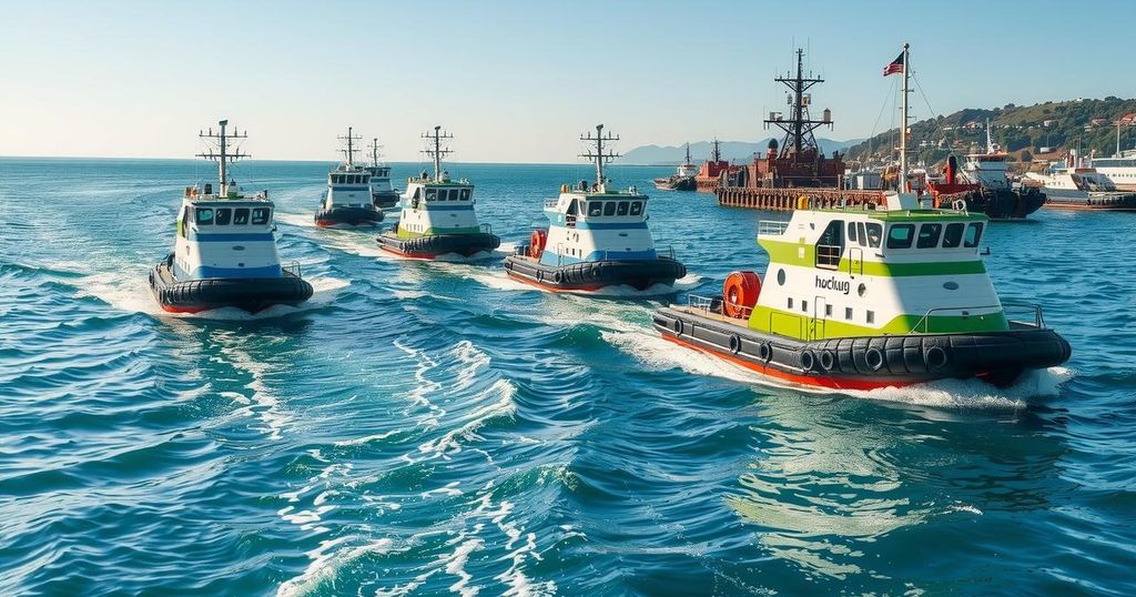 Vibrant harbor scene with modern tugs, showcasing Canadian designs and maritime operations in Australia and Egypt.