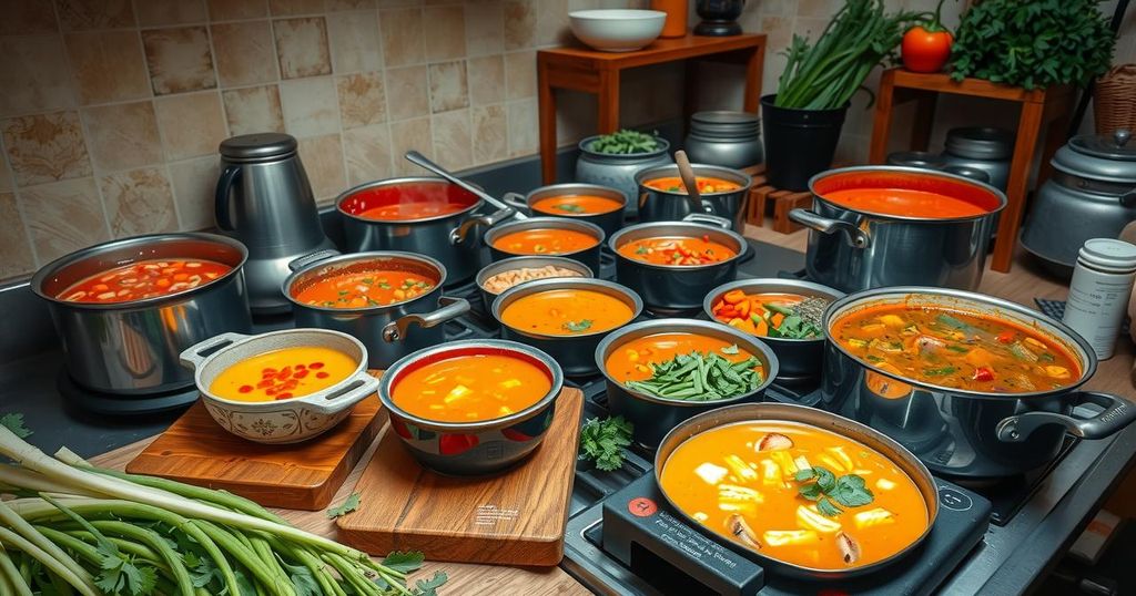 Cooks in a kitchen preparing a large quantity of soup with colorful vegetables and seasonings for a community initiative.