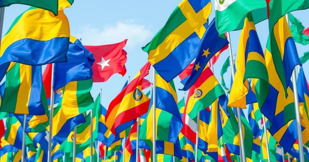 A gathering of colorful flags symbolizing unity and democracy in a peaceful outdoor setting.