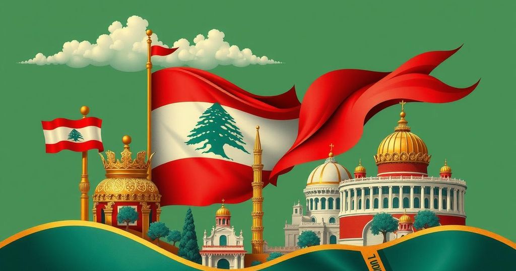 Lebanon's political discourse with a focus on disarmament and electoral rights, illustrated through traditional Lebanese motifs.